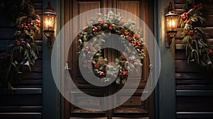 Christmas holiday wreath hanging on a door, adorned with shimmering ornaments and twinkling lights