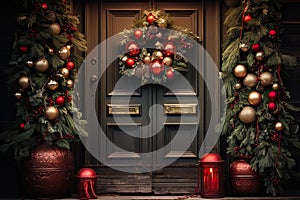 Christmas holiday wreath hanging on a door, adorned with shimmering ornaments and twinkling lights