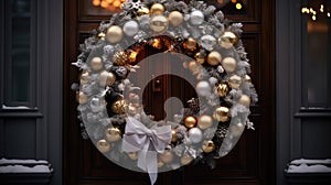 Christmas holiday wreath hanging on a door, adorned with shimmering ornaments and twinkling lights