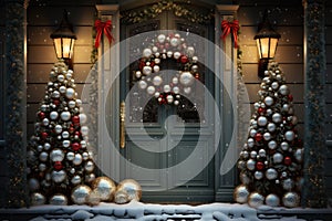 Christmas holiday wreath hanging on a door, adorned with shimmering ornaments and twinkling lights