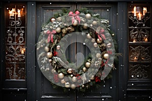 Christmas holiday wreath hanging on a door, adorned with shimmering ornaments and twinkling lights