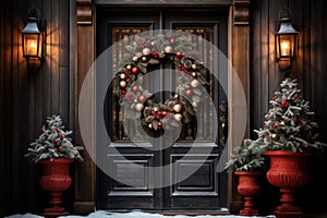 Christmas holiday wreath hanging on a door, adorned with shimmering ornaments and twinkling lights