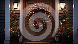 Christmas holiday wreath hanging on a door, adorned with shimmering ornaments and twinkling lights