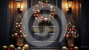 Christmas holiday wreath hanging on a door, adorned with shimmering ornaments and twinkling lights