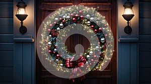 Christmas holiday wreath hanging on a door, adorned with shimmering ornaments and twinkling lights