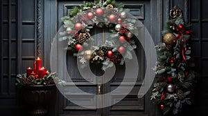 Christmas holiday wreath hanging on a door, adorned with shimmering ornaments and twinkling lights