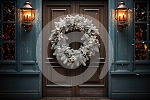 Christmas holiday wreath hanging on a door, adorned with shimmering ornaments and twinkling lights