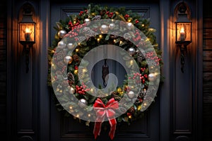 Christmas holiday wreath hanging on a door, adorned with shimmering ornaments and twinkling lights