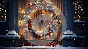 Christmas holiday wreath hanging on a door, adorned with shimmering ornaments and twinkling lights