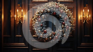 Christmas holiday wreath hanging on a door, adorned with shimmering ornaments and twinkling lights