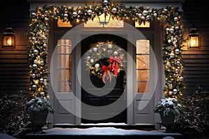 Christmas holiday wreath hanging on a door, adorned with shimmering ornaments and twinkling lights