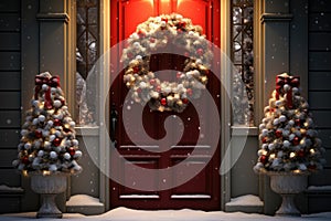 Christmas holiday wreath hanging on a door, adorned with shimmering ornaments and twinkling lights