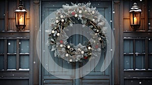 Christmas holiday wreath hanging on a door, adorned with shimmering ornaments and twinkling lights