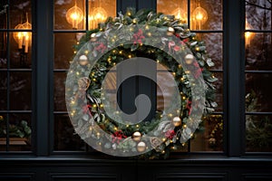 Christmas holiday wreath hanging on a door, adorned with shimmering ornaments and twinkling lights