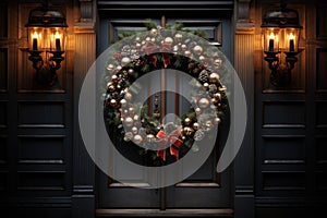 Christmas holiday wreath hanging on a door, adorned with shimmering ornaments and twinkling lights