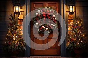 Christmas holiday wreath hanging on a door, adorned with shimmering ornaments and twinkling lights