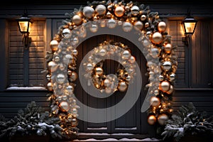 Christmas holiday wreath hanging on a door, adorned with shimmering ornaments and twinkling lights