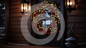 Christmas holiday wreath hanging on a door, adorned with shimmering ornaments and twinkling lights