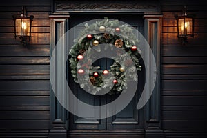 Christmas holiday wreath hanging on a door, adorned with shimmering ornaments and twinkling lights