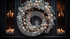 Christmas holiday wreath hanging on a door, adorned with shimmering ornaments and twinkling lights