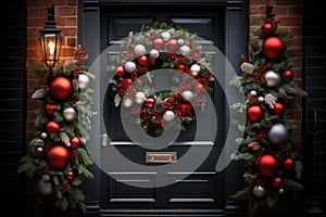 Christmas holiday wreath hanging on a door, adorned with shimmering ornaments and twinkling lights