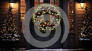 Christmas holiday wreath hanging on a door, adorned with shimmering ornaments and twinkling lights