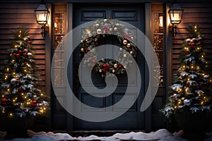 Christmas holiday wreath hanging on a door, adorned with shimmering ornaments and twinkling lights