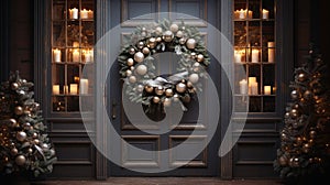 Christmas holiday wreath hanging on a door, adorned with shimmering ornaments and twinkling lights