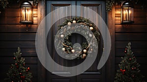 Christmas holiday wreath hanging on a door, adorned with shimmering ornaments and twinkling lights