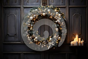 Christmas holiday wreath hanging on a door, adorned with shimmering ornaments and twinkling lights