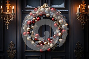 Christmas holiday wreath hanging on a door, adorned with shimmering ornaments and twinkling lights