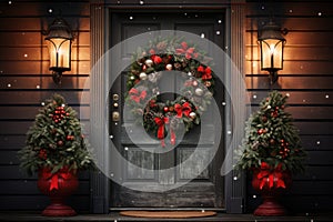 Christmas holiday wreath hanging on a door, adorned with shimmering ornaments and twinkling lights