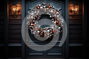 Christmas holiday wreath hanging on a door, adorned with shimmering ornaments and twinkling lights