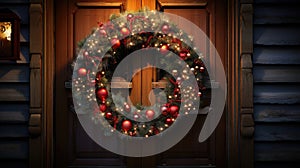 Christmas holiday wreath hanging on a door, adorned with shimmering ornaments and twinkling lights