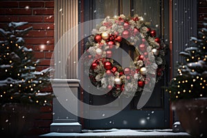 Christmas holiday wreath hanging on a door, adorned with shimmering ornaments and twinkling lights