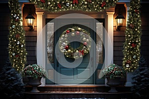 Christmas holiday wreath hanging on a door, adorned with shimmering ornaments and twinkling lights