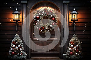 Christmas holiday wreath hanging on a door, adorned with shimmering ornaments and twinkling lights