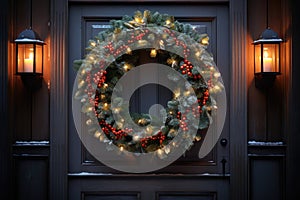 Christmas holiday wreath hanging on a door, adorned with shimmering ornaments and twinkling lights