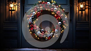 Christmas holiday wreath hanging on a door, adorned with shimmering ornaments and twinkling lights