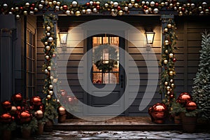 Christmas holiday wreath hanging on a door, adorned with shimmering ornaments and twinkling lights