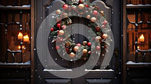 Christmas holiday wreath hanging on a door, adorned with shimmering ornaments and twinkling lights