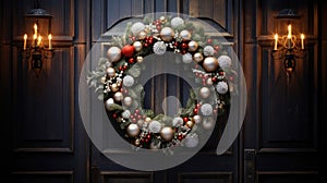 Christmas holiday wreath hanging on a door, adorned with shimmering ornaments and twinkling lights