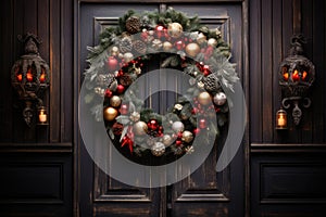 Christmas holiday wreath hanging on a door, adorned with shimmering ornaments and twinkling lights