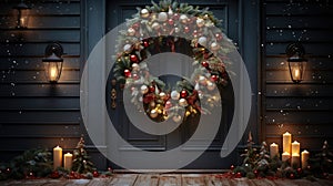 Christmas holiday wreath hanging on a door, adorned with shimmering ornaments and twinkling lights