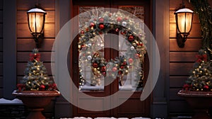 Christmas holiday wreath hanging on a door, adorned with shimmering ornaments and twinkling lights