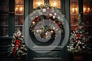 Christmas holiday wreath hanging on a door, adorned with shimmering ornaments and twinkling lights