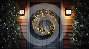 Christmas holiday wreath hanging on a door, adorned with shimmering ornaments and twinkling lights