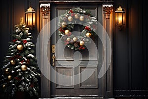 Christmas holiday wreath hanging on a door, adorned with shimmering ornaments and twinkling lights