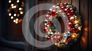 Christmas holiday wreath hanging on a door, adorned with shimmering ornaments and twinkling lights