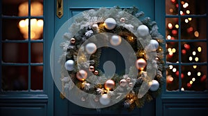 Christmas holiday wreath hanging on a door, adorned with shimmering ornaments and twinkling lights